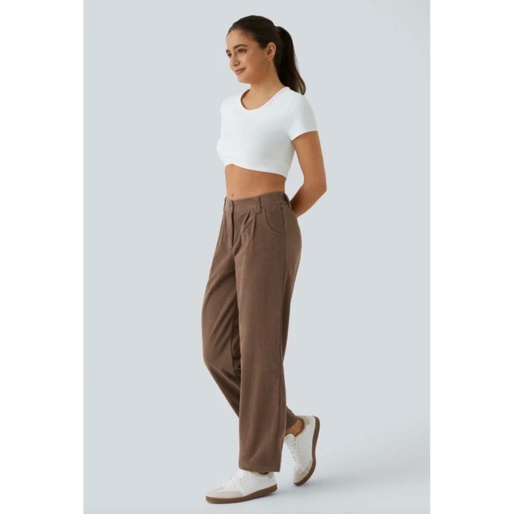 Halara Acorn Brown Corduroy High Waisted Straight Leg Pleated Pants Womens XL - Picture 1 of 5